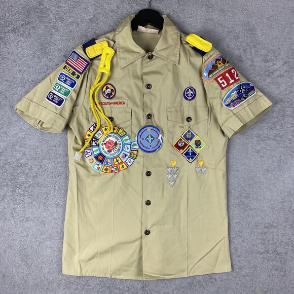Vintage Boy Scouts of America Shirt Mens Small Khaki Cub Scouts Patches Made USA - Picture 1 of 16